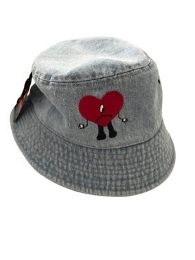 Denim Bucket Hat with Red Heart Patch